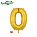 Gold Oaktree foil balloon shaped as the letter O, 34 inches tall, shiny and reflective surface for celebration decorations.