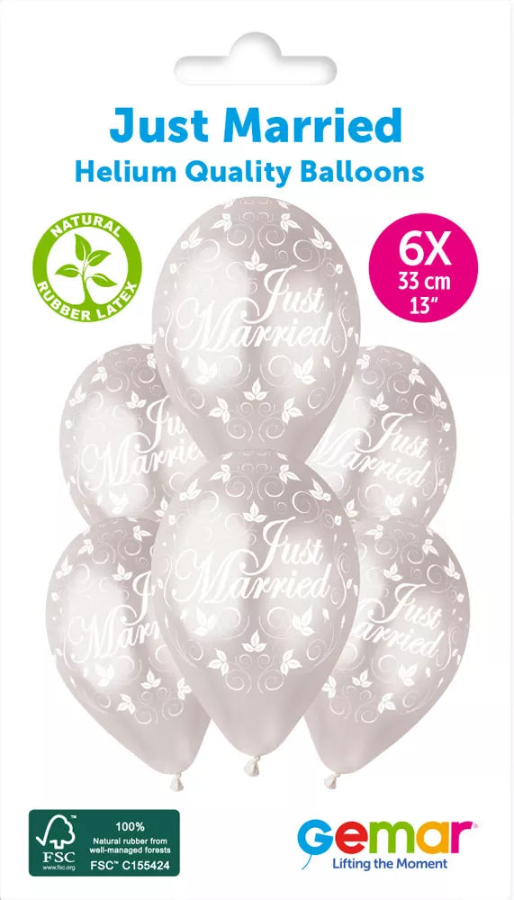 Gemar Just Married 13-inch printed latex balloons in a 6-pack, featuring wedding-themed designs for celebration decoration.