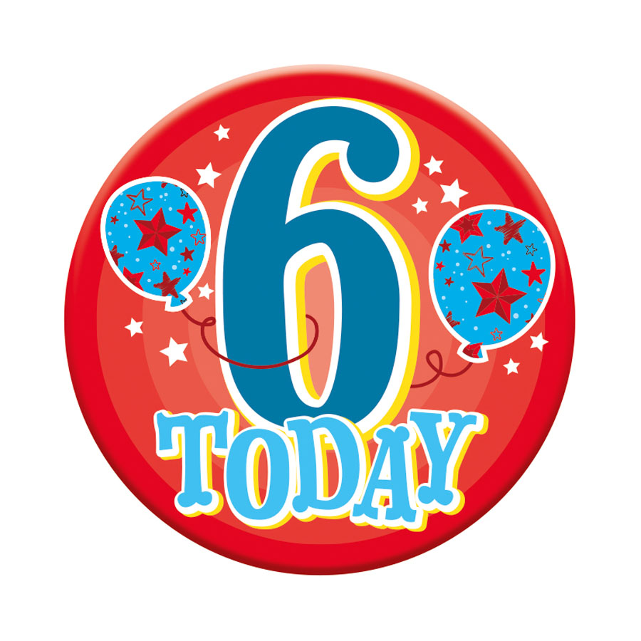 Six small birthday badges with the number 6, featuring colorful designs by Tiger Feet, perfect for celebrating a sixth birthday.