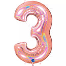 Grabo foil glitter holographic rose gold number 3 balloon, 40 inches tall, with shiny holographic finish and festive design.