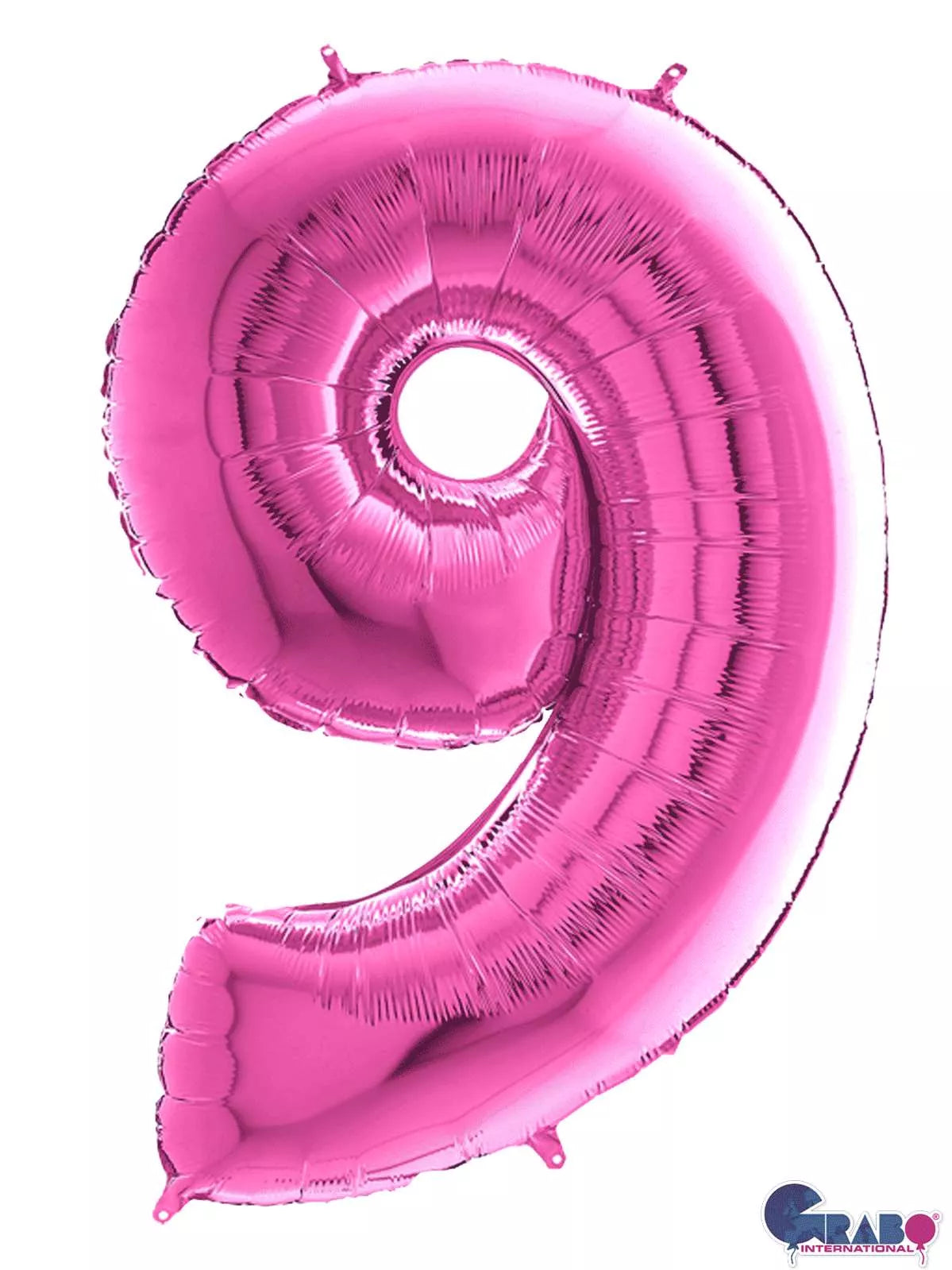 Pink Grabo foil balloon shaped as the number 9, measuring 26 inches, with shiny metallic surface and festive design.