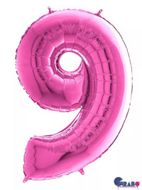 Pink Grabo foil balloon shaped as the number 9, measuring 26 inches, with shiny metallic surface and festive design.
