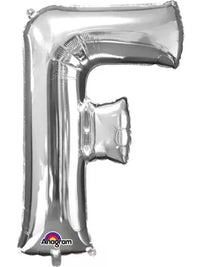Silver 34-inch Anagram foil balloon in the shape of the letter F, shiny metallic finish, floating against a white background.