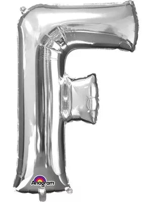 Silver 34-inch Anagram foil balloon in the shape of the letter F, shiny metallic finish, floating against a white background.