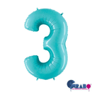 Pastel blue 26-inch Grabo foil number 3 balloon inflated and ready for celebration.