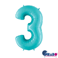 Pastel blue 26-inch Grabo foil number 3 balloon inflated and ready for celebration.