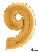 Gold Grabo foil balloon in the shape of number 9, 26 inches tall, shiny and reflective, perfect for celebrations and events.