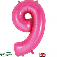 Pink Oaktree foil balloon shaped as the number 9, 34 inches tall, with shiny metallic surface and festive design.