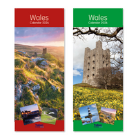 Tallon 24-pack Wales Super Slim calendars with colorful Welsh landmarks and scenic images for each month.