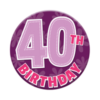 Six small birthday badges with the number 40 from Tiger Feet, featuring colorful designs for celebrating age milestone.