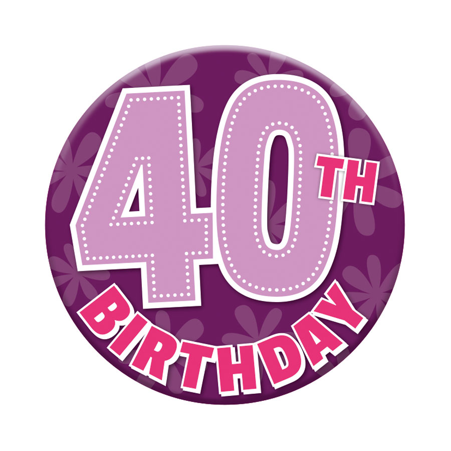 Six small birthday badges with the number 40 from Tiger Feet, featuring colorful designs for celebrating age milestone.