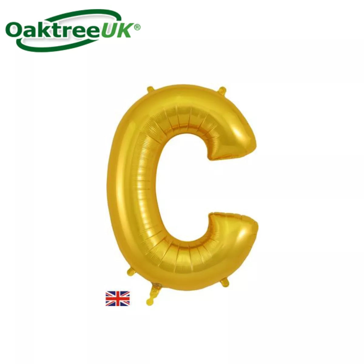 Golden Oaktree foil balloon in the shape of the letter C, 34 inches tall, with shiny metallic surface and smooth curves.