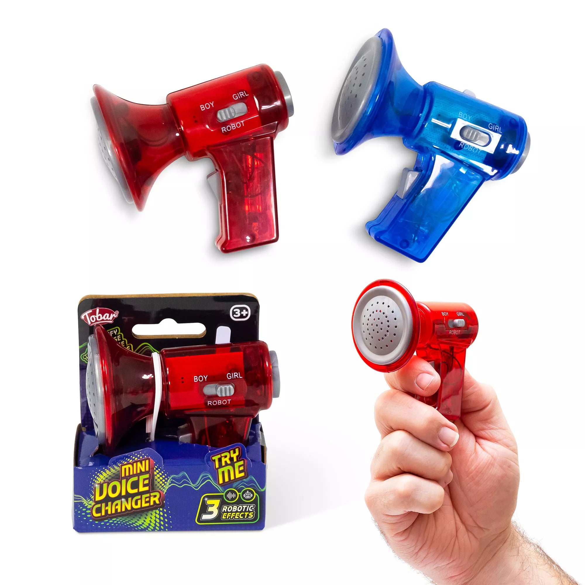Colorful mini voice changer toy by One For Fun, designed for kids to alter their voice with fun sound effects.