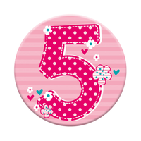 Six small birthday age badges from Tiger Feet, featuring colorful designs for celebrating the age five.
