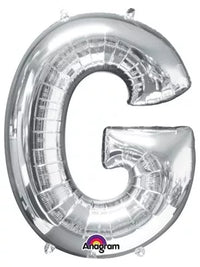 Silver 34-inch Anagram foil balloon in the shape of the letter G, shiny metallic finish, floating in the air.