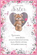Six Simon Elvin C75 birthday sister cards featuring colorful designs and heartfelt messages for celebrating a sister's special day.