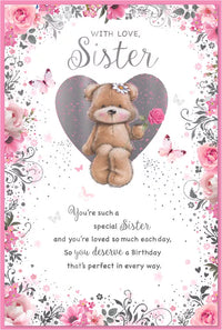 Six Simon Elvin C75 birthday sister cards featuring colorful designs and heartfelt messages for celebrating a sister's special day.
