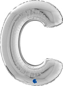 Silver foil balloon in letter C shape, 26 inches tall, branded Grabo, shiny and reflective surface perfect for celebrations
