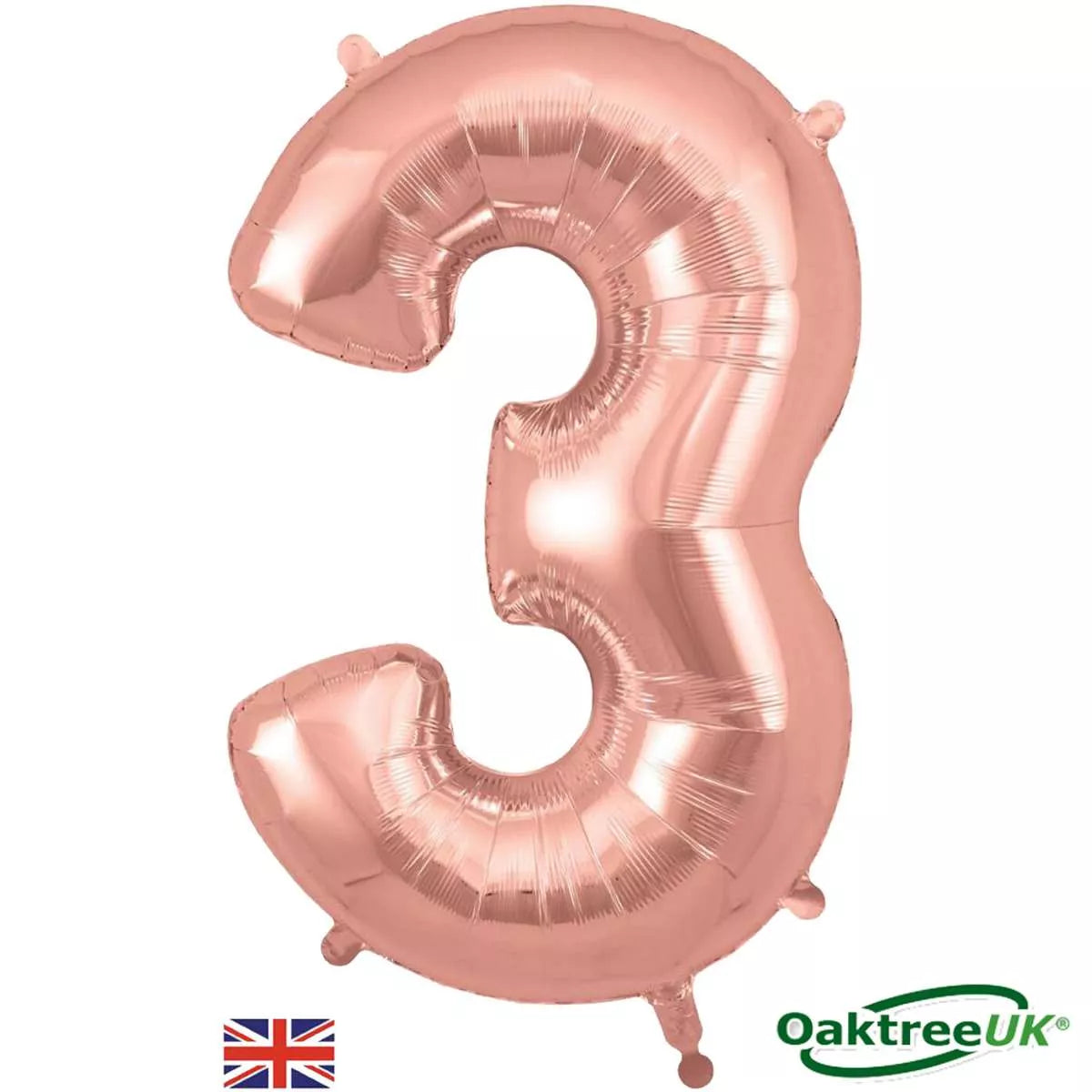 Oaktree Rose Gold Foil Balloon shaped as number 3, 34 inches tall, shiny metallic finish, perfect for celebrations and parties.