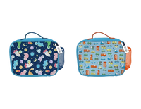 Two Gem Imports lunch bags featuring cars, space, and dinosaurs designs, measuring 23x28x9cm, ideal for kids' gifts.