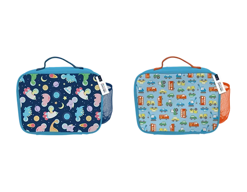 Two Gem Imports lunch bags featuring cars, space, and dinosaurs designs, measuring 23x28x9cm, ideal for kids' gifts.