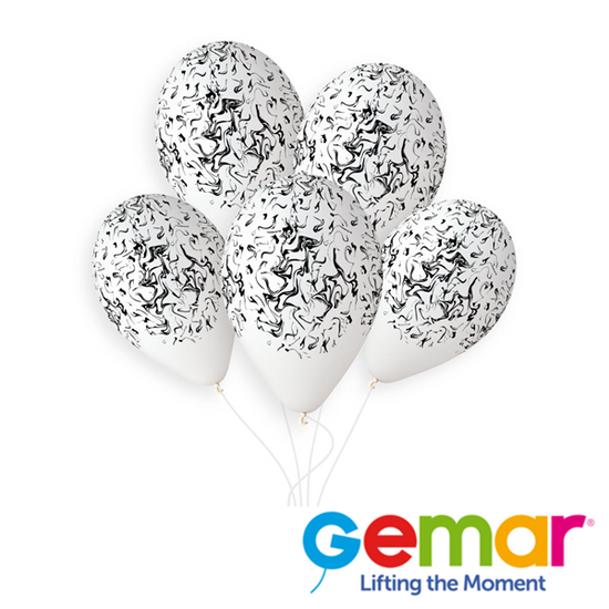 Gemar White & Black Marble 13" Latex Balloon 50pk