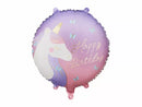 PartyDeco 14-inch foil balloon with a colorful unicorn and "Happy Birthday" message for celebrating special occasions.
