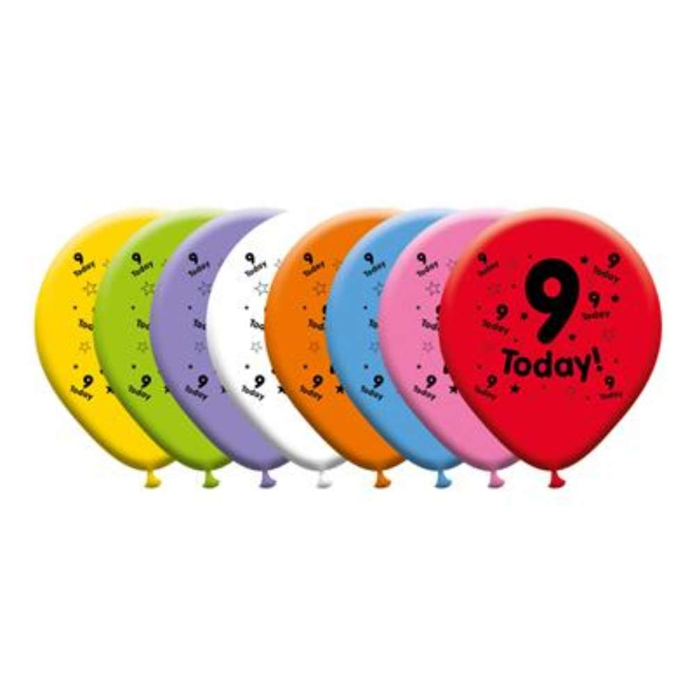 Eight latex printed balloons with the number 9 for birthday celebrations, featuring colorful designs from Giftzone.