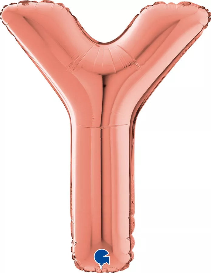 Grabo 26-inch rose gold foil letter Y balloon displayed with shiny metallic surface and letter shape for celebration decor