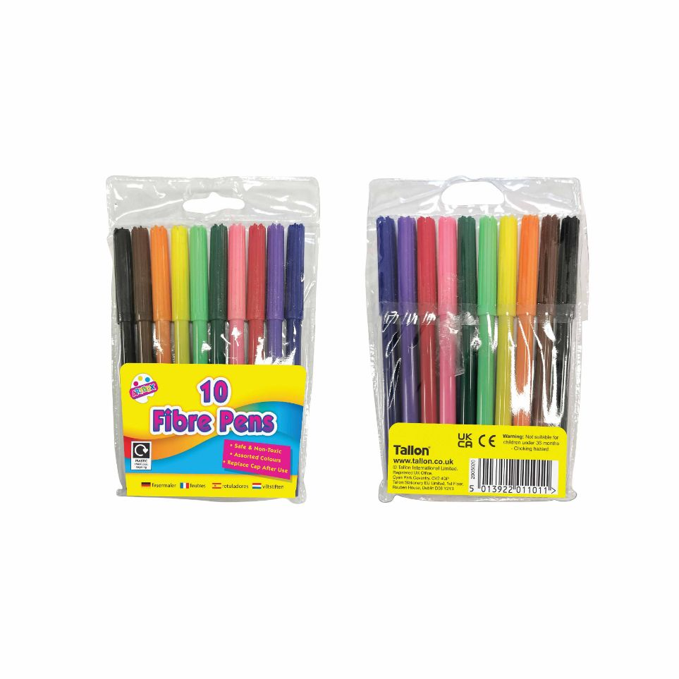 Set of 10 Tallon fine tip fibre colouring pens with felt tips, visible in various vibrant colors on the image.