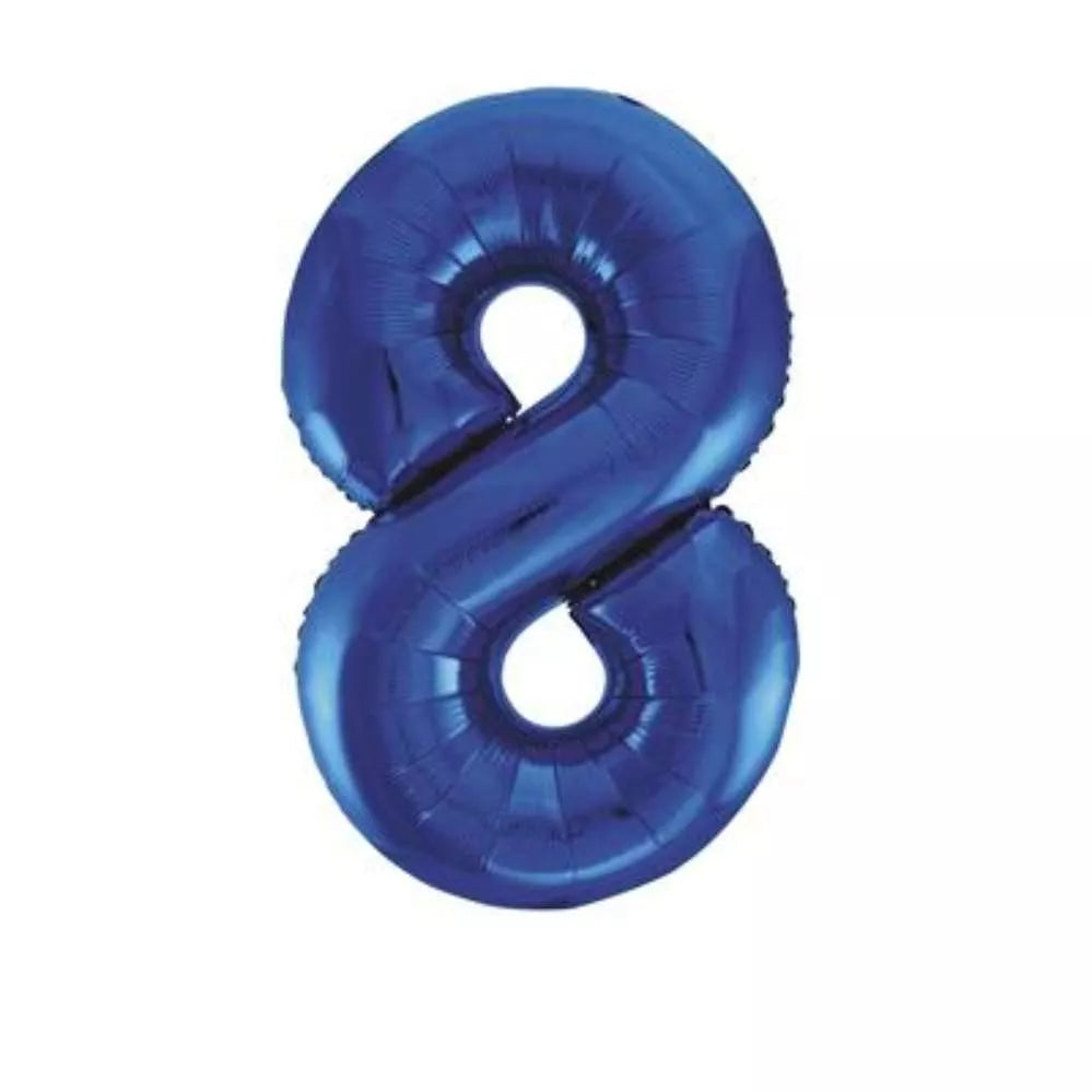 Blue Glitz 34-inch number 8 foil balloon by Unique, shiny metallic balloon shaped as the number 8 for celebrations.