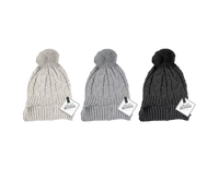 Set of 12 cable knit ladies hats with pom poms from Gem Imports, featuring cozy, stylish winter headwear in various colors.