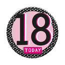 Six small birthday badges from Tiger Feet, featuring the number 18, ideal for celebrating special age milestones.
