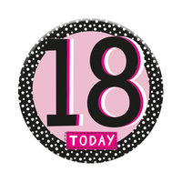 Six small birthday badges from Tiger Feet, featuring the number 18, ideal for celebrating special age milestones.
