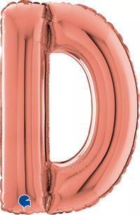 Grabo 26-inch rose gold foil letter D balloon, shiny and metallic, perfect for celebrations and party decorations.