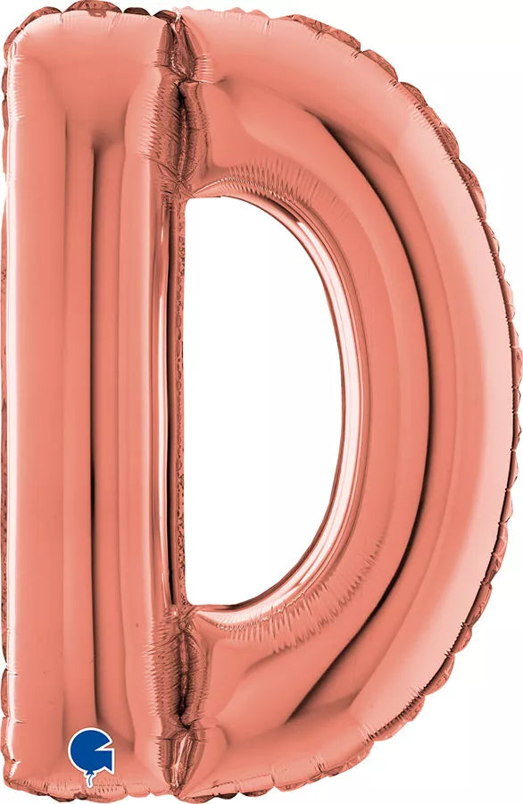 Grabo 26-inch rose gold foil letter D balloon, shiny and metallic, perfect for celebrations and party decorations.