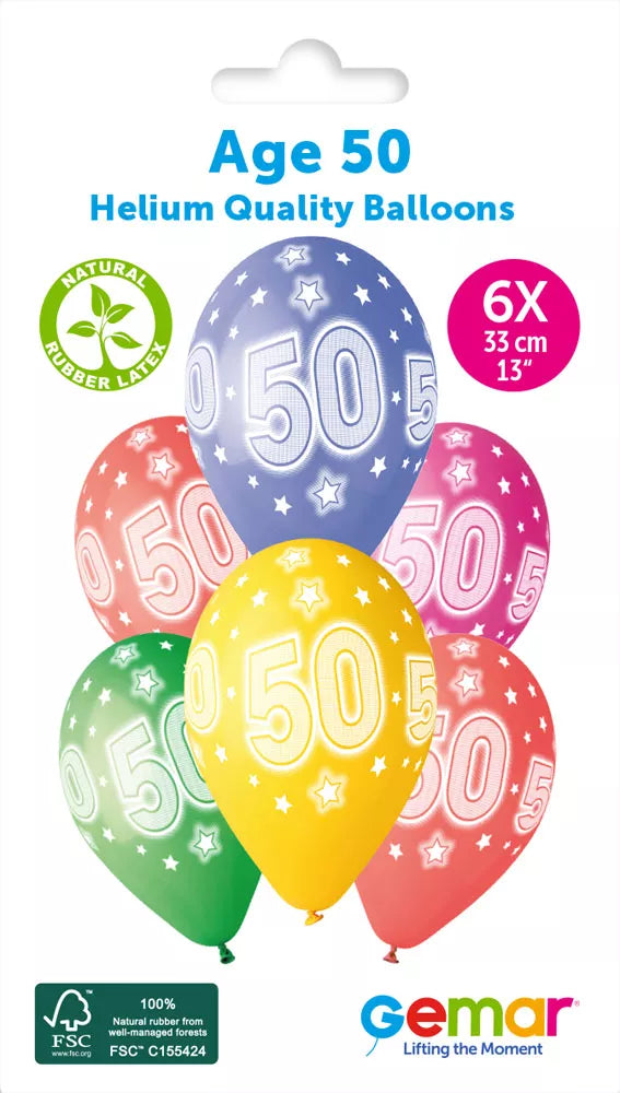 Gemar Cosmic Stars 13-inch latex printed balloons, age 50 design, six-pack, colorful star pattern for celebration decorations