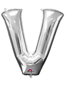 Silver 34-inch Anagram foil balloon in the shape of the letter V, perfect for celebrations and party decorations.