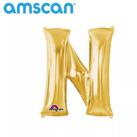 Gold 16-inch Anagram foil balloon in the shape of the letter N on a white background.