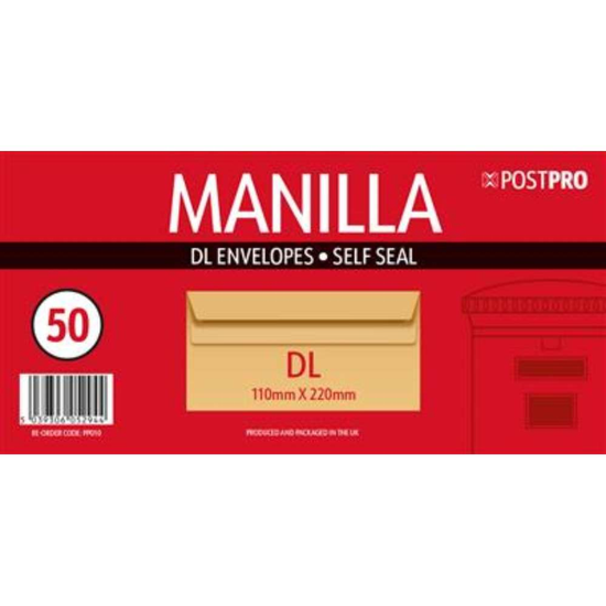 Post Pro Self Seal Envelope Manilla 110x220mm 50pk