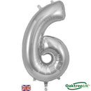 Oaktree silver foil balloon in the shape of the number 6, 34 inches tall, shiny and perfect for celebrations and parties.