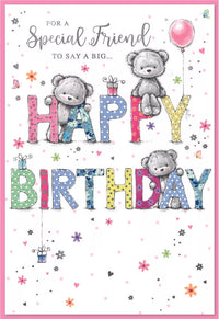 Set of six Simon Elvin C50 Birthday Special Friend greeting cards featuring colorful designs for celebrating friends.