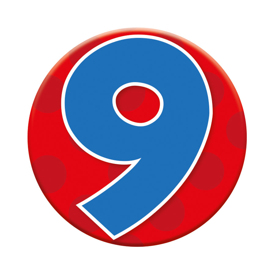 Six small Tiger Feet birthday badges featuring the number 9, perfect for celebrating a ninth birthday.