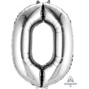 Silver 34-inch Anagram foil balloon shaped as the number zero, perfect for celebrations and party decorations.