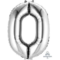 Silver 34-inch Anagram foil balloon shaped as the number zero, perfect for celebrations and party decorations.