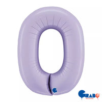 Grabo satin lilac foil balloon in the shape of the number 0, 40 inches tall, with shiny, smooth surface.
