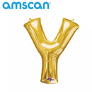 Gold 16-inch Anagram foil balloon in the shape of the letter Y, shiny metallic finish, floating against a plain background.