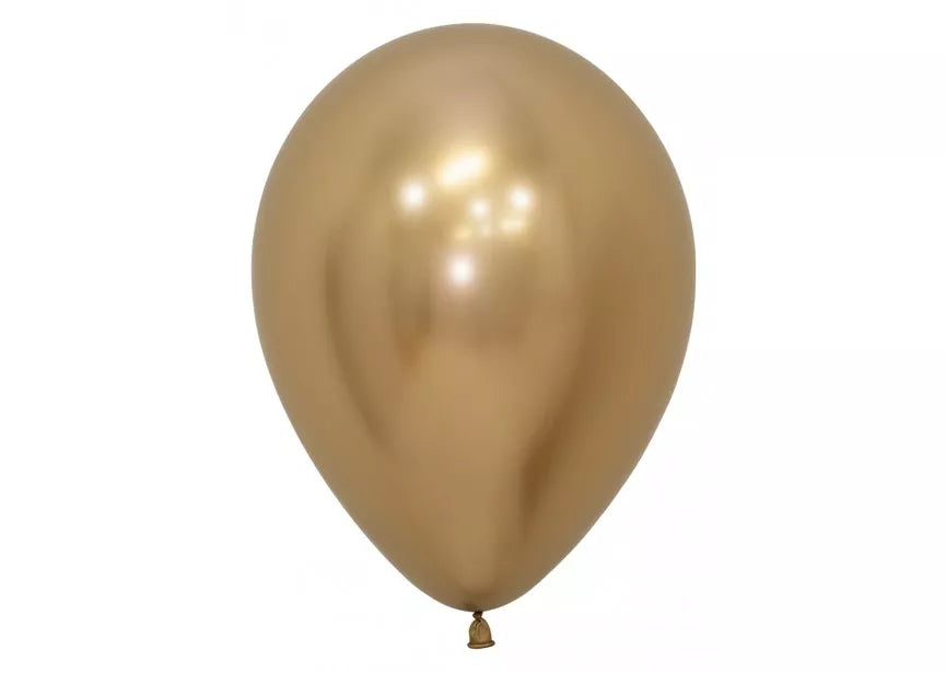 Sempertex Reflex Gold 12-inch latex balloons, decorative balloons for parties, shown in a 12-pack set.