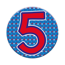 Six small birthday age 5 badges by Tiger Feet, colorful badges for celebrating a fifth birthday party.