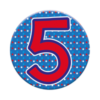 Six small birthday age 5 badges by Tiger Feet, colorful badges for celebrating a fifth birthday party.